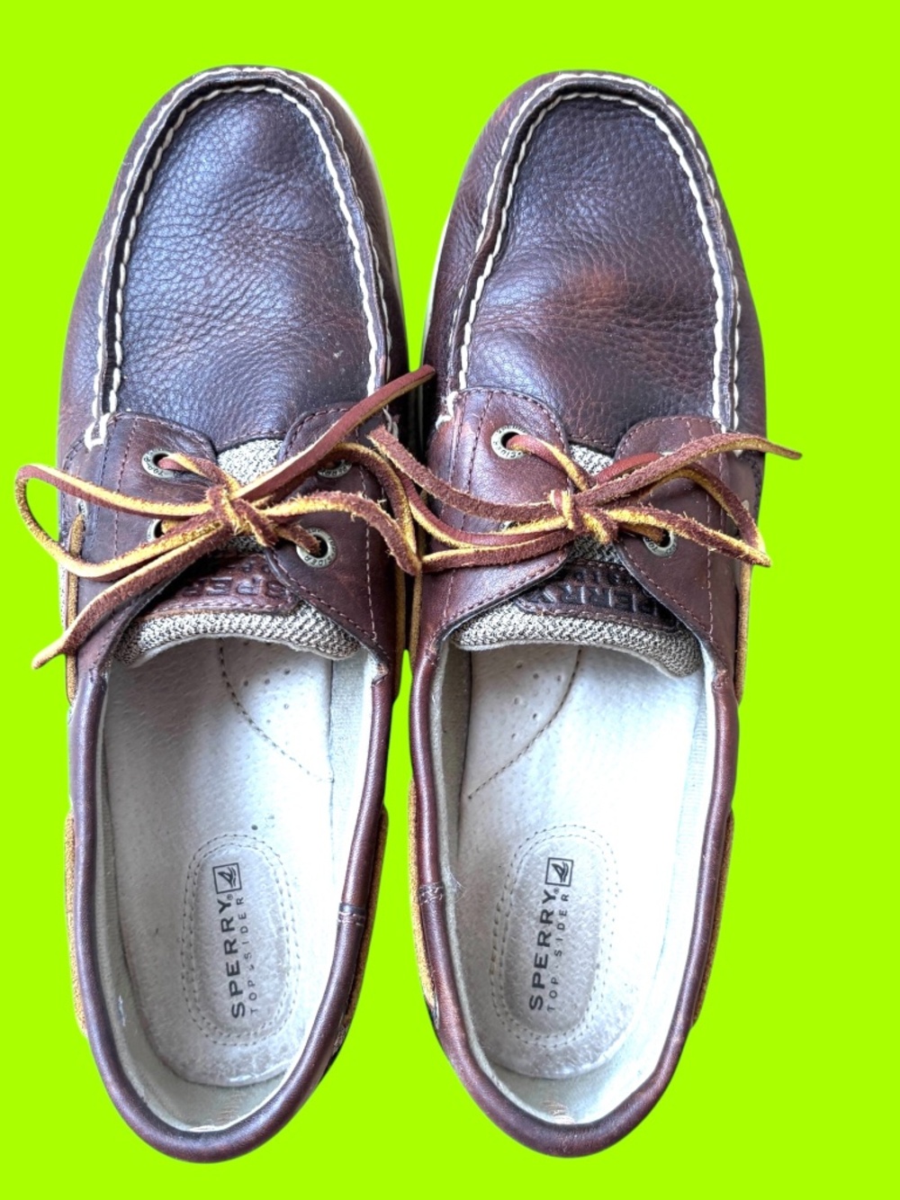 shoes PSERRY TOPSIDERS 10M brown leather beige canvas slip-on flat classic